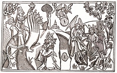 The great harlot of Babylon riding the seven-headed beast and the angels cutting wheat while holding the devil prisoner by Anton Koberger