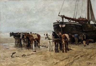 Fishing Boat with Tow Horses on Scheveningen Beach by Anton Mauve
