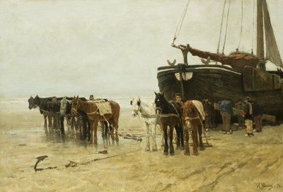Fishing Boat with Tow Horses on Scheveningen Beach by Anton Mauve