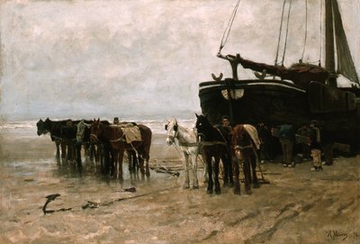 Fishing Boat with Tow Horses on Scheveningen Beach by Anton Mauve