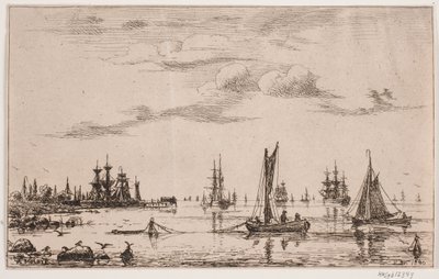 Ships and Boats in Calm Weather by the Coast by Anton Melbye