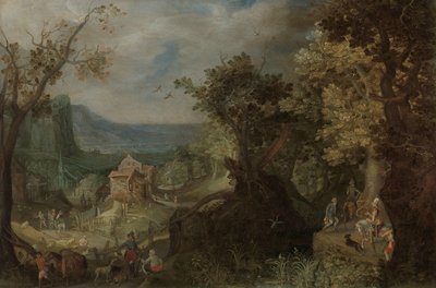 Hunter and Horsemen on a Wooded Road, with a Village in a Valley beyond by Anton Mirou
