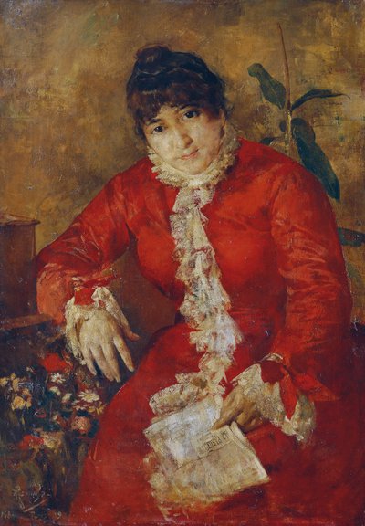 Woman in Scarlet Dress with Newspaper and Ficus by Anton Romako