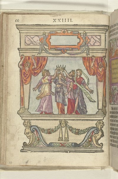 Scene Depicting the Personifications of Glory, Majesty, Generosity, Magnificence, and Modesty Holding a Crown Together, 1578 by Antoni van Leest