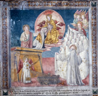 Life of St. Francesca Romana: Francesca in a vision is taken by the Mother of God under her mantle by Antoniazzo Romano
