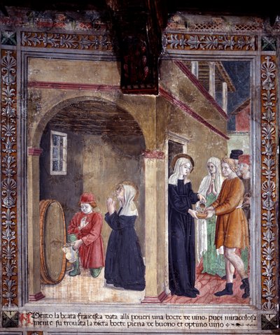 Life of St. Francesca Romana: A barrel of wine used by the saint for the poor is found miraculously full by Antoniazzo Romano