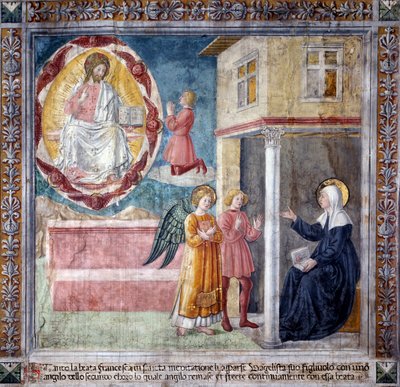 Life of St. Francesca Romana: The son of the saint, killed by the bubonic plague appears to her with an angel by Antoniazzo Romano