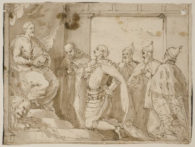 A Garbed Warrior, a Man in a Mantle and Three Doges Kneeling before the Enthroned St Mark by Antonio Aliense