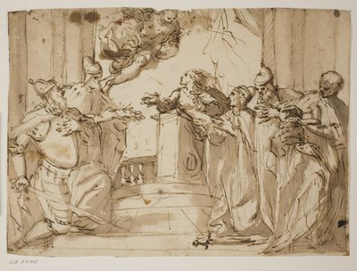 Four Doges and a Man in a Mantle with the Doge’s Cap in His Hands, with the Annunciation in the Background by Antonio Aliense