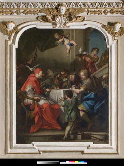 Saint Gregory the Great at a table with Jesus disguised as a pilgrim, Near the Pope, the dove of the Holy Spirit by Antonio Balestra