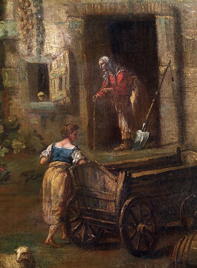 Italian landscape. A farm in the Italian countryside, detail depicting an old peasant woman. Painting by Antonio Diziani, 18th century. Museum of Fine Arts of Mikalojus Konstantinas Ciurlionis, Kaunas, Lithuania by Antonio Diziani