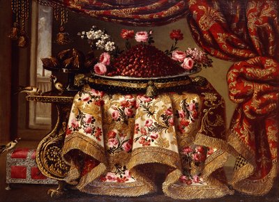 A Platter of Strawberries with Flowers on a Pillow and a Tazza of Figs on a Table Draped with an Embroidered Cloth, with Birds and Chest beside a Curtain and Window by Antonio Gianlisi