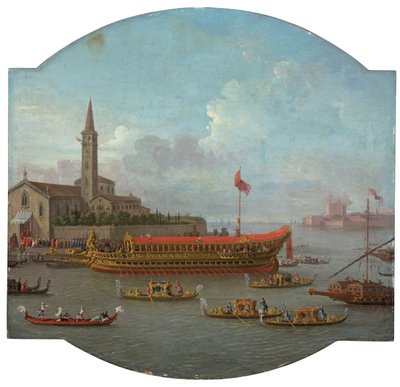 View of the Bucintoro anchored in front of San Nicolo al Lido, Venice, for the ceremony of the Sposalizio del Mare by Antonio Joli