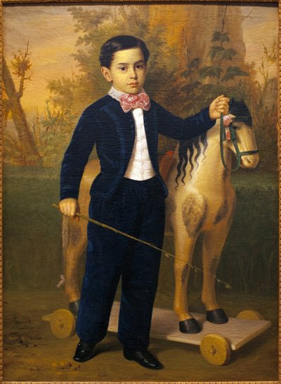 Portrait of a little boy with a wooden horse. Painting by Antonio Maria Esquivel, oil on canvas, 1851. Museum of Fine Arts in Seville, Spain by Antonio María Esquivel y Suárez de Urbina