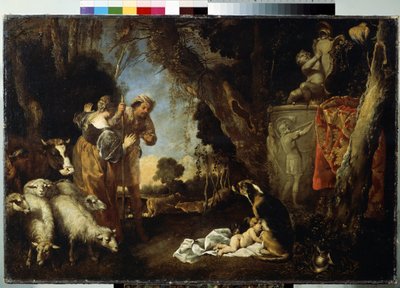 The Infancy of King Cyrus. Cyrus II or Cyrus the Great (circa 559 BC - 529 BC), founder of the Persian Empire. The baby is taken in and nursed by a dog. by Antonio Maria Vassallo
