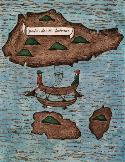 Islas de los Ladrones (today Mariana Islands), colored woodcut from Relazione del primo viaggio intorno al mondo con Ferdinando Magellano by Antonio Pigafetta
