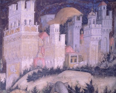 St George and Princess, turreted city, fresco, Basilica of St Anastasia, Verona by Antonio Pisanello