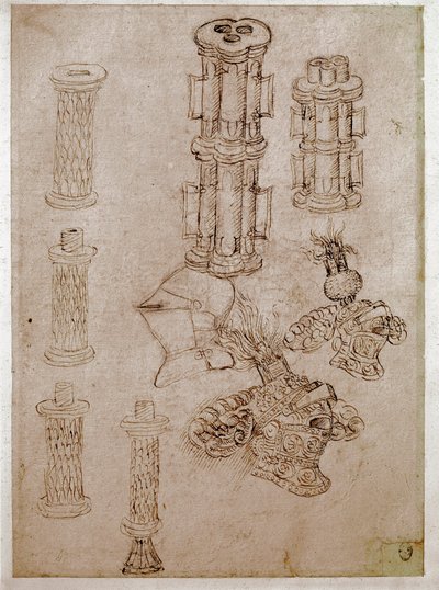 Three helmets topped with crests and two pieces of guns demolved (Drawing) by Antonio Pisanello