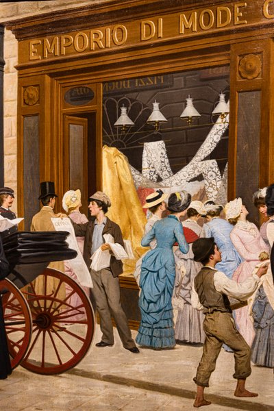 The Epoch, detail of women looking at a shop window, a town crier and a boy (detail) by Antonio Puccinelli