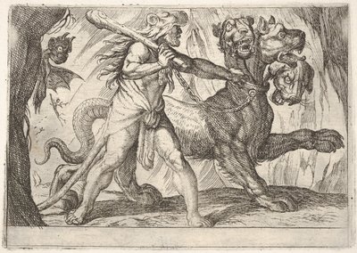 Hercules and Cerberus: Hercules grasps the collar of Cerberus, two demons appear at left by Antonio Tempesta
