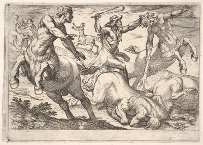 Hercules and the Centaurs: Hercules Holds the Head of a Centaur with His Left Hand and Raises His Club, 1608 by Antonio Tempesta