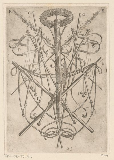 Ornament with Torture Instruments Tortures Endured by Christian Martyrs (series title) by Antonio Tempesta