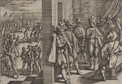 Plate 18: Secret Meeting of Civilis with Other Leaders from Trier, from The War of the Romans, 1611 by Antonio Tempesta