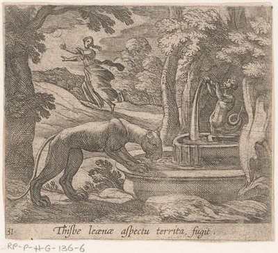 Thisbe Flees from the Lioness at the Spring (Metamorphoses of Ovid, series title) by Antonio Tempesta
