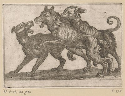 Two Dogs Fighting a Wolf by Antonio Tempesta