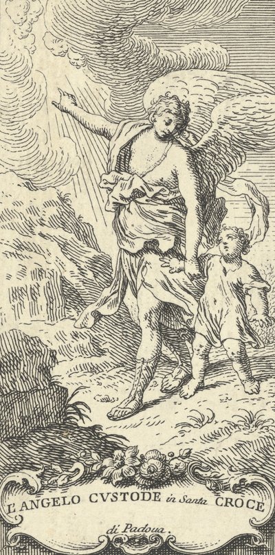 An angel leading a young boy and gesturing to the clouds by Antonio Visentini