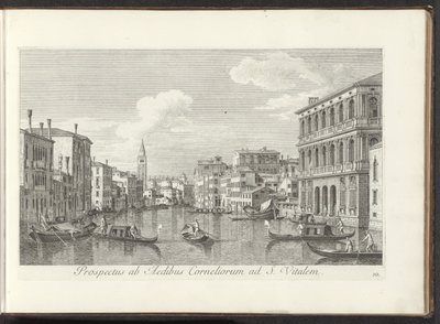 View of the Grand Canal and the Tower of San Vitale in Venice Prospectus ab Aedibus Corneliorum ad S. Vitalem (title on object) Urbis Venetiarum prospectus celebriores, ex Antonii Canal tabulis XXXVIII aere expressi ab Antonio Vissentini in partes by Antonio Visentini