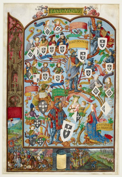 Genealogical tree of the Kings of Portugal showing the descent from Sancho Capello and Alfonso III. Lower margin: the battle of Salado in 1340 by Antonio de Hollanda