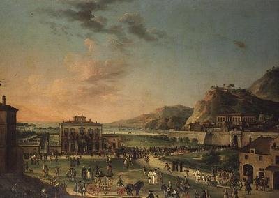 A Capriccio Panorama of the Journey of Charles III King of the Two Sicilies, from His Villa at Portici to the Palazzo Farnese in Rome by Antonio de dipi (attr. to) Joli