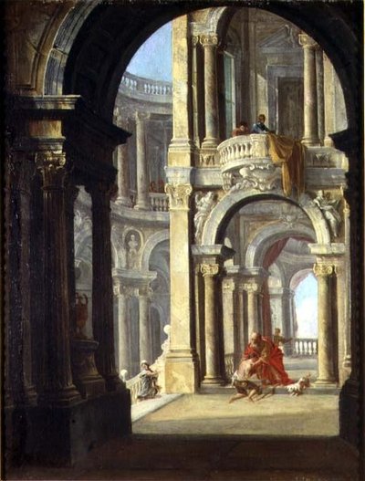 A Capriccio of a Baroque Palace with the Return of the Prodigal Son by Antonio de dipi (circle of) Joli