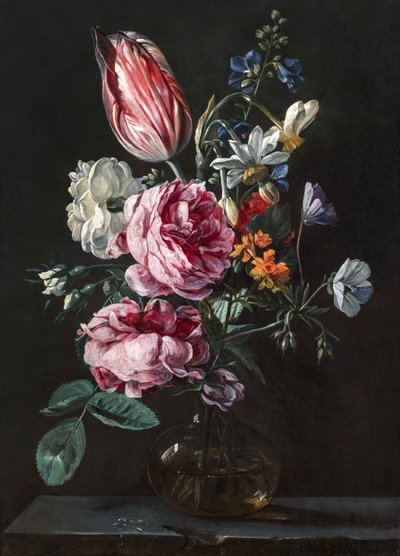 A Bouquet of Narcissus, Parrot Tulip, Roses and Other Flowers in a Glass Vase on a Stone Plinth by Antwerp School