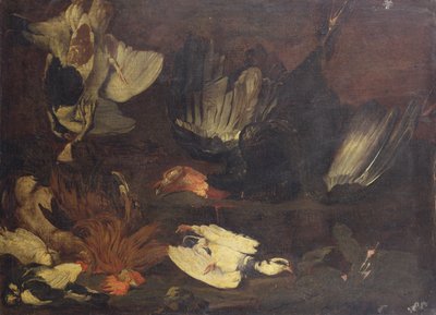 A Dead Turkey, Doves, A Cockerel and Other Birds on a Rocky Bank by Arcangelo Resani