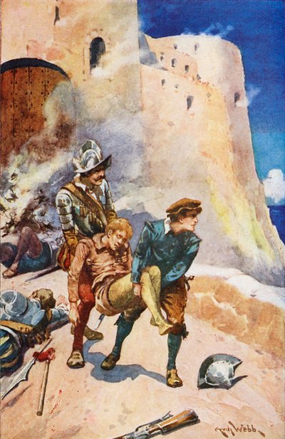 Friends rescuing a fallen comrade from a castle by Archibald Bertram (after) Webb