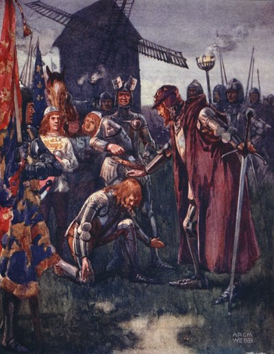 The Prince to his Father kneels lowly: His is the battle - his wholly! from Ballads of Famous Fights, First Edition by Archibald Webb