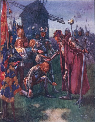 The Prince to his Father kneels lowly: His is the battle - his wholly! illustration from Ballads of Famous Fights, c.1900 by Archibald Webb