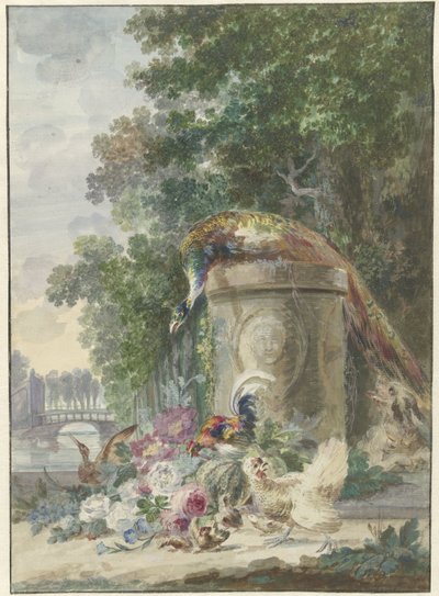 Peacock and Poultry in a Park, Chased by a Dog by Arie Lamme