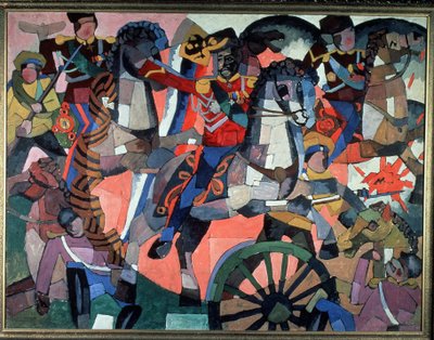Battle of Victory. Battle scene, expressive and colorful, armed soldiers, charging cavalry, cannon wheel and explosions, and fallen soldiers. Painting by Aristarkh Vasilyevich Lentulov, oil on canvas, 191 by Aristarkh Vasilievic Lentulov