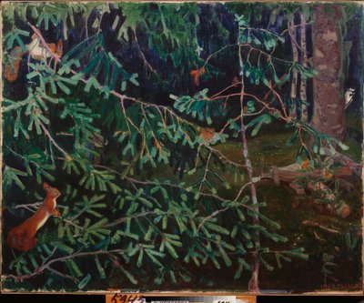 The Inhabitants of the Forest. (Squirrels in the Branches and a Bird Pecking at a Trunk). Painting by Arkadi Alexandrovich Rylov by Arkadij Aleksandrovic Rylov