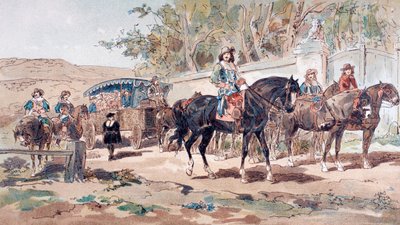 A Horse Drawn Public Diligence, or Coach, of the 17th Century with Mounted Escort, 1886 by Armand Jean Heins