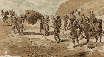 Litter, Bearers and Loaded Pack Mules, Time of the Crusades by Armand Jean Heins