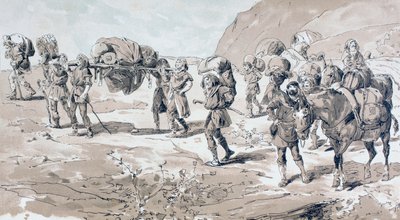 Porters carrying goods in baskets on their backs by Armand Jean Heins