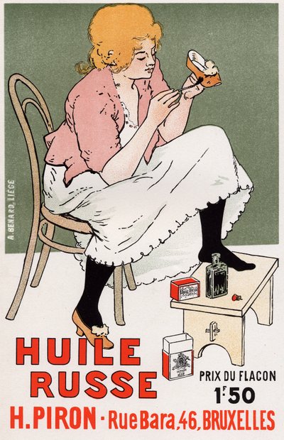 Lifestyle. Fashion. Russian oil, shoes repair. Poster by Armand Rassenfosse, Belgium, c.1895 by Armand Rassenfosse