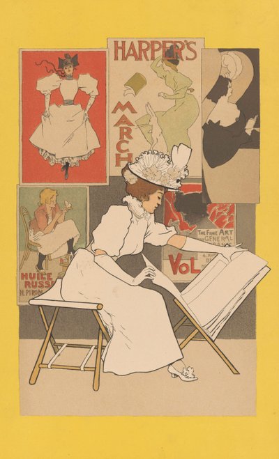 Seated Woman at a Stand Looking at Prints by Armand Rassenfosse