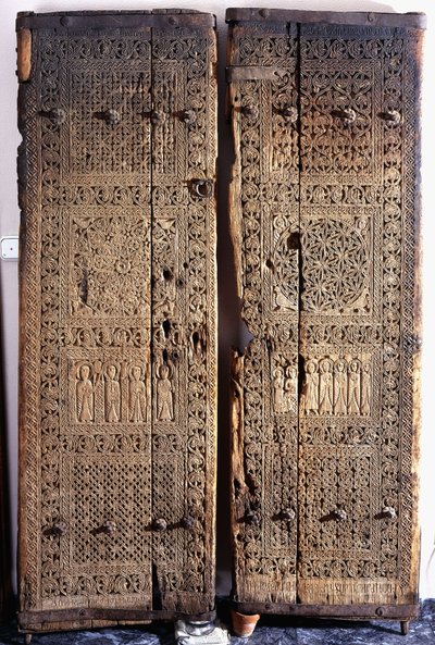 A Pair of Carved Armenian Walnut Doors, Depicting Christ with Six Apostles and Saints by Armenian School