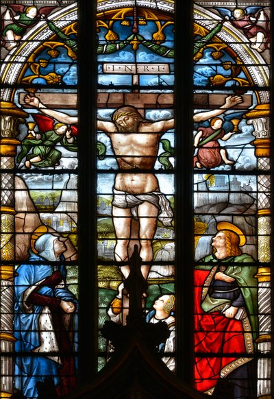 The Crucifixion, with the Virgin Mary, Saint John and Mary Magdalene at the Foot of the Cross - Stained Glass in the Chapel of the Holy Sacrament, by Arnaud de Moles (1470-1520) Completed in 1513 - Cathedrale Sainte Marie d