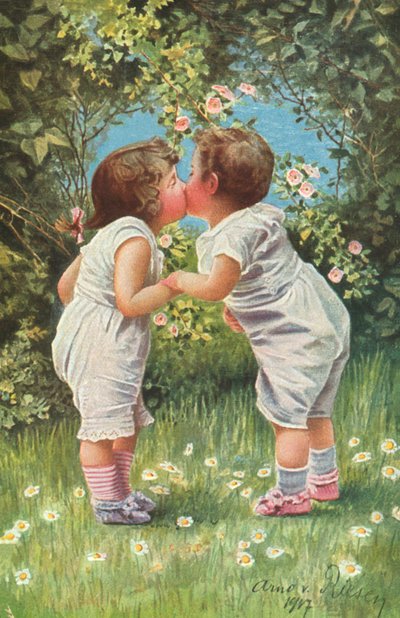 Little Boy and Girl Kissing in a Garden by Arno von Riesen Riesen